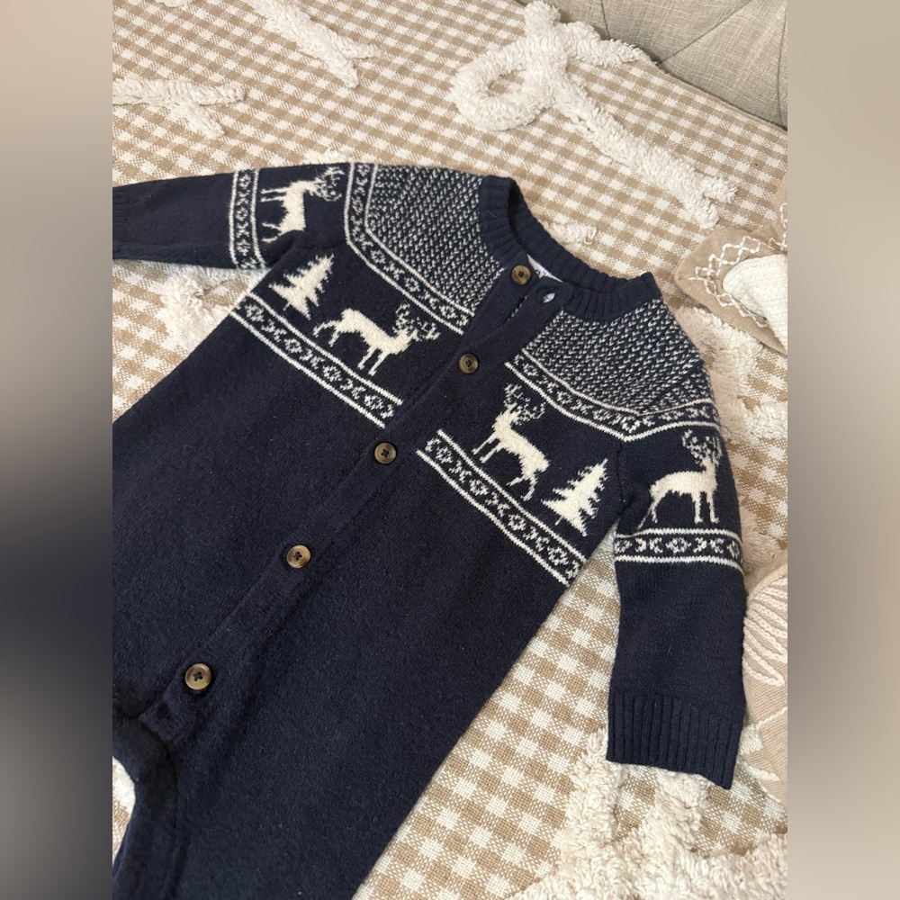 Navy Blue Knit Baby Romper with Deer Pattern